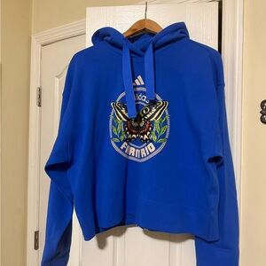 Adidas and Farm Rio Royal Blue Hoodie with Butterfly Graphic Boxy Fit, Size L